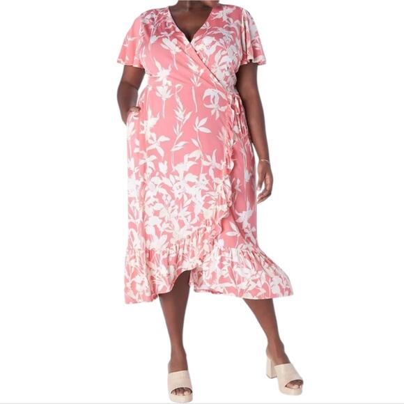 Lane Bryant‎ Floral Pink And White Faux Wrap Midi Dress Plus Size 22 24 3X New - Picture 1 of 9